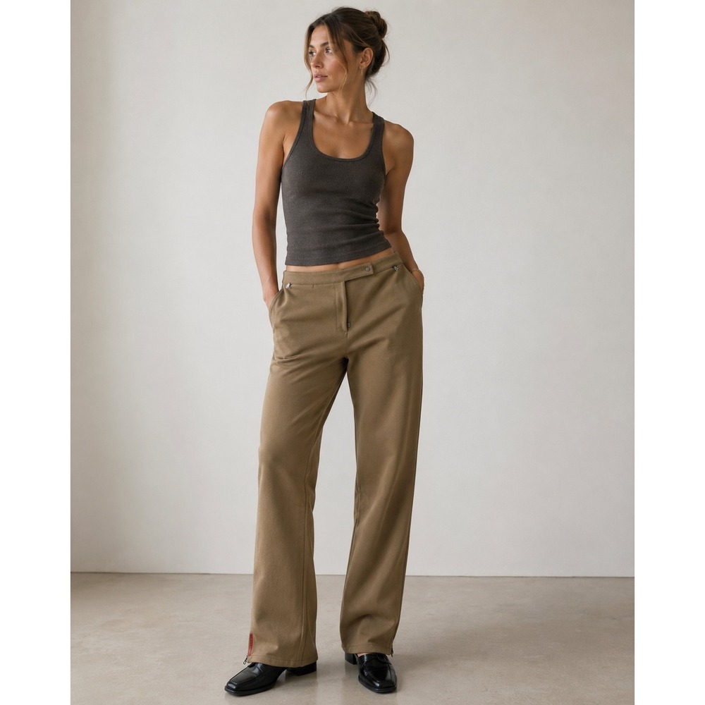 Prada Linea Rossa Pants Womens 42 Tan Khaki Nylon Blend Ankle Zip Red Logo Italy